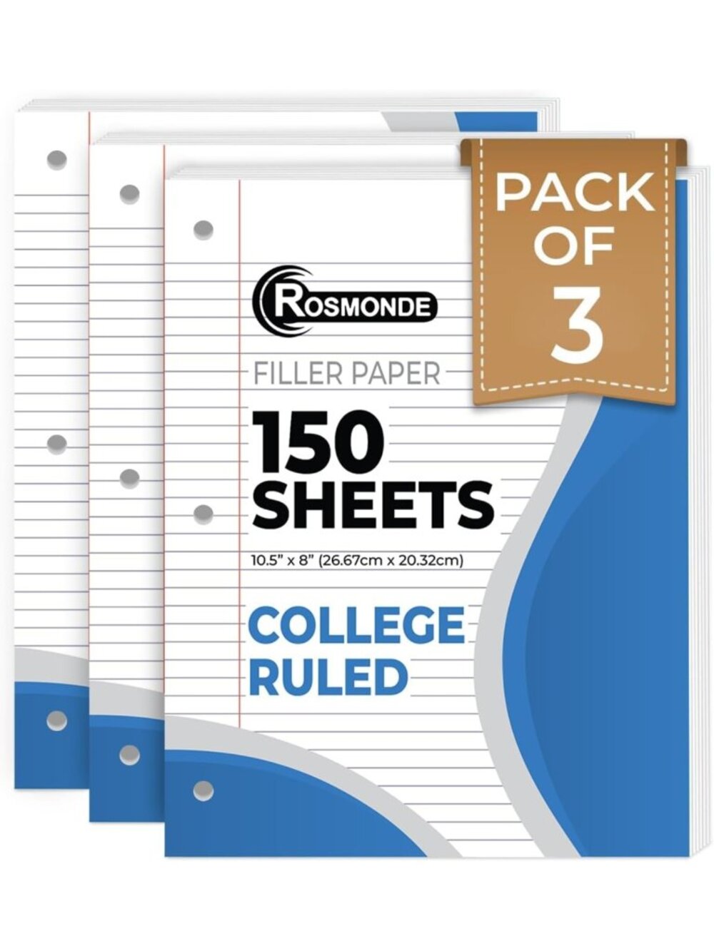 Bulk College Ruled Loose Leaf Paper, 450 Sheets, 3 Pack, 8"x10.5", 3 Hole